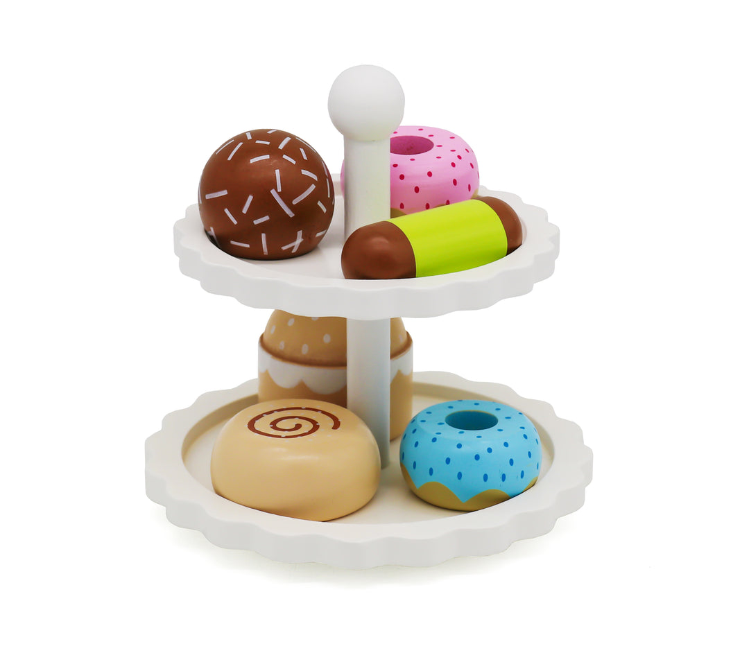 Stand de repostería de madera con donas y pastelitos de juguete, set de té didáctico para niños