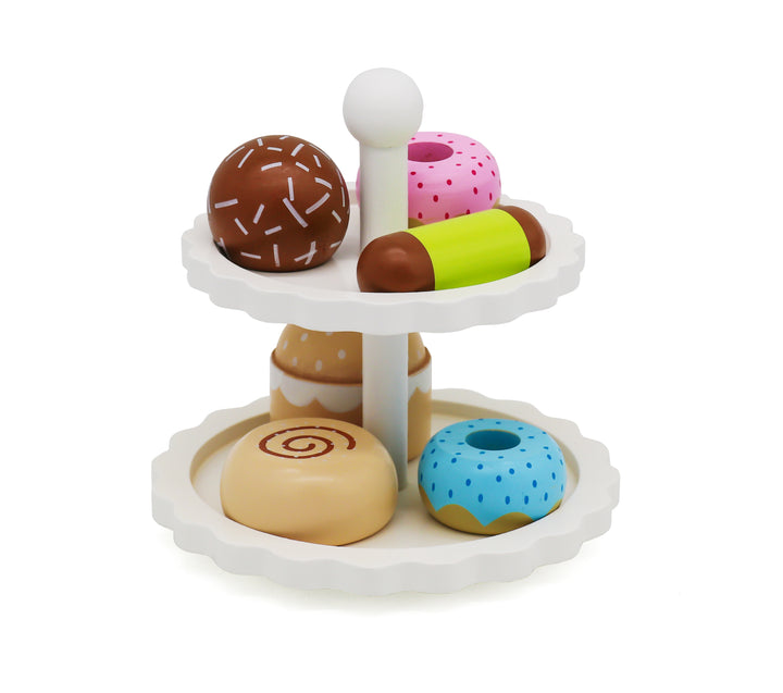 Stand de repostería de madera con donas y pastelitos de juguete, set de té didáctico para niños