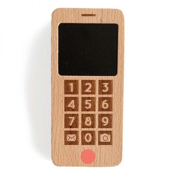 Celular de juguete fabricado en madera natural con teclado numérico, juguete ecológico para estimulación temprana
